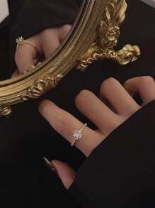 1 件女士时尚珠宝可调节尺寸开放式设计 1 克拉奢华钻石戒指，适合情人节礼物、婚礼、派对、约会、日常生活、妈妈、母亲、母亲节、礼物 - 金色 - 查看 2