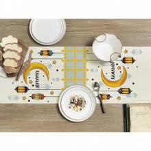 1pc Cartoon Star And Moon Design Table Runner, Imitation Linen Rectangular Indoor/Outdoor Festival Decor For Dining Table And Cabinet, Suitable For /, Home, Restaurant, Living Room Decoration, All Seasons - Multicolor - View 3