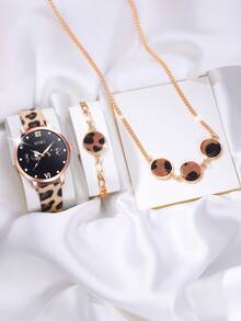 SOKI SOKI 1 Set de reloj de dama, correa de PU con estampado de leopardo, reloj de cuarzo con colgante de cabeza de leopardo, aretes y anillo, conjunto de joyería de moda, perfecto para uso diario, regalos de cumpleaños, fiestas, reuniones festivas y como regalo ideal para ti o tus amigos. No incluye cajas.