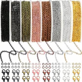 1 Roll Of 3m Long Chain Kit With Jump Rings, Lobster Clasp, Open Rings, Suitable For Making Bracelets, Earrings, Necklaces. 2mm Width Cable Chain, Jewelry Making Supplies. 9 Colors Available: Gold, Silver, White K, Kc Gold, Rose Gold, Gun Black, Black, Antique Bronze, Antique Red Bronze. Stainless Steel Metal Plated Cable Chain (Random Packaging), Suitable For Diy Jewelry Making. (Color Difference May Occur)