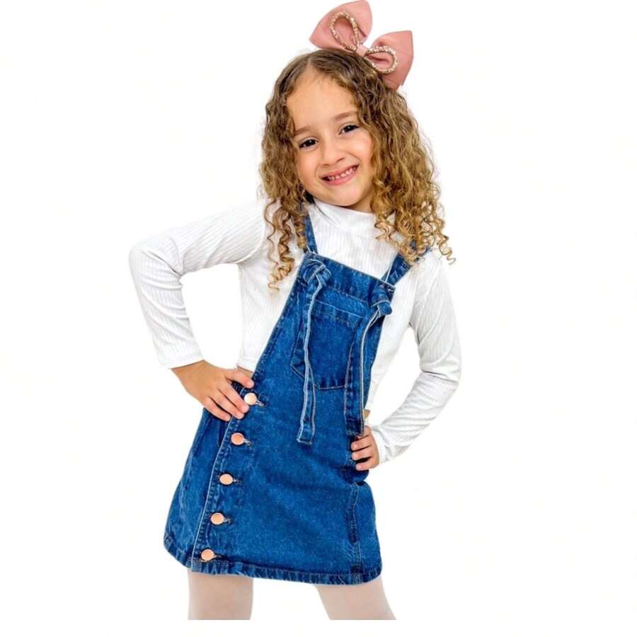 SAMICS Jardineira Saia Jeans Escuro Menina Infantil Criança Lindo Presente Parque Passeio Domingo Shopping Moda