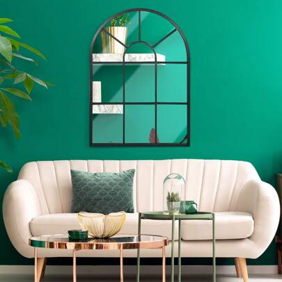 HOMCOM Specchio Moderno a Parete e a forma di Arco 70x50 cm per Camera da Letto e Soggiorno, in Metallo Nero e Vetro