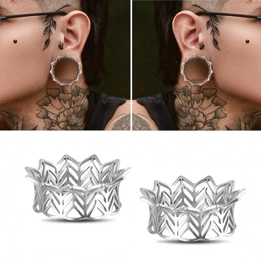 SENLANSP 2pcs/Set Punk Style Ear Expanders Tunnels, Plugs, Gauges, Piercing Jewelry With Hollow Design - Silver - View 1