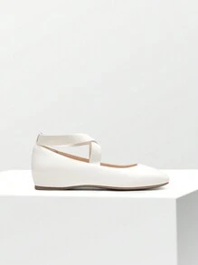 Women's Flats Square Toe Slip-On Ballet Flats Comfortable Dress Elastic Ankle Straps Flats Shoes - 白色/PU - 查看 8