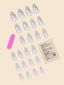 24 piezas/set Uñas postizas en forma de llama plateadas y uñas postizas en forma de almendra con perlas plateadas + 24 piezas de pegamento en gelatina + lima de uñas. Suministros para uñas postizas aplicables uñas falsas uña falsa uña acrílica