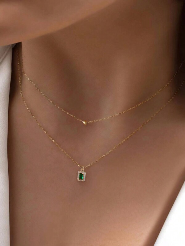 Nooxian 2pcs/Set Simple Square & Green Cubic Zirconia Layered Necklace For Women, Unique Gift