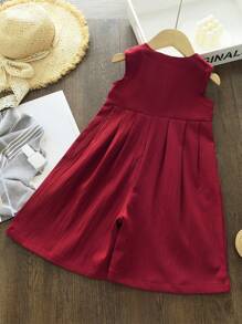 Young Girl Solid Color Sleeveless Jumpsuit With Single Row Button, Wide Leg Design, Summer - Burgundy - View 2