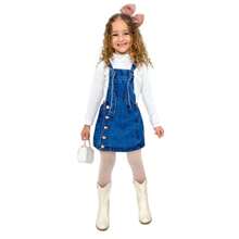 SAMICS Jardineira Saia Jeans Escuro Menina Infantil Criança Lindo Presente Parque Passeio Domingo Shopping Moda - Azul - Visão 7