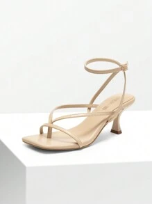 Women Minimalist Low Kitten Heeled Ankle Strap Thong Sandals, Sexy Square Toe Fashion Heeled Sandals - 杏色 - 查看 2