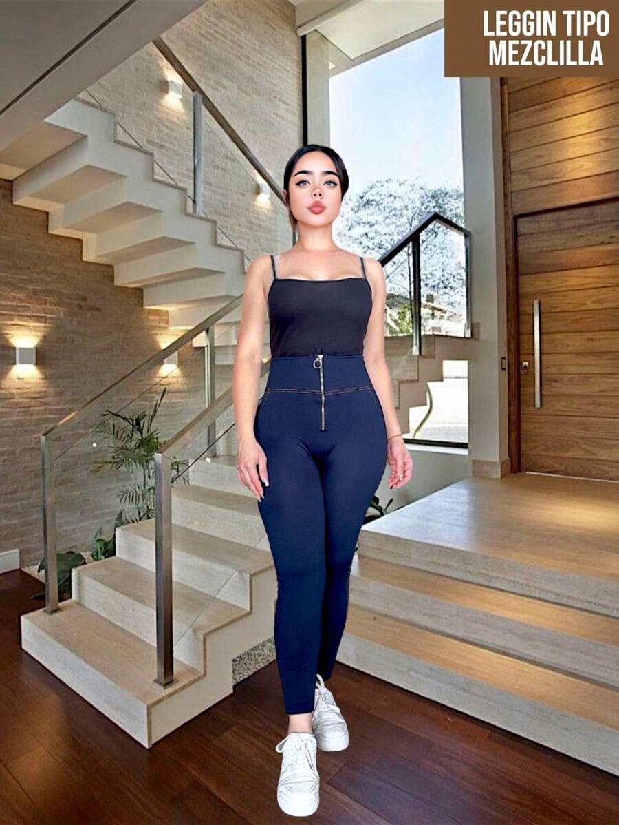 LEGGINS EFECTO MEZCLILLA - MARINO CREMALLERA - Ver 1