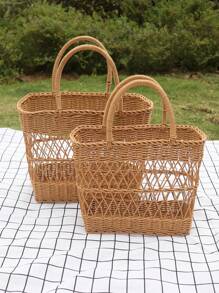 1pc Picnic Fruit Storage Basket With Handles,Durable Imitation Rattan Storage Basket For Fruits,Vegetable,Drinks,Camping Portable Picnic Basket,Household Storage Organizer For Kitchen,Home Decor