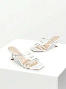 Women Rhinestone Summer Mule Sandals, Square Open Toe Slip On Low Heeled Sandals For Prom, Wedding, Party - đá trắng - Xem 4