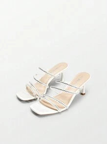 Women Rhinestone Summer Mule Sandals, Square Open Toe Slip On Low Heeled Sandals For Prom, Wedding, Party - đá trắng - Xem 6