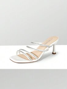 Women Rhinestone Summer Mule Sandals, Square Open Toe Slip On Low Heeled Sandals For Prom, Wedding, Party - đá trắng - Xem 5