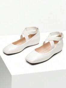 Women's Flats Square Toe Slip-On Ballet Flats Comfortable Dress Elastic Ankle Straps Flats Shoes - 白色/PU - 查看 5