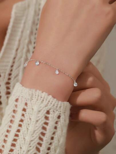 1pc Handmade S925 Sterling Silver Bracelet With Sparkling Gemstones. Elevate Your Charm And Quality Of Style In Daily, Meetings, Or Anniversary. Wedding Engagement Bridal Jewelry