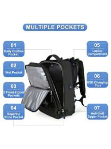 多層大容量旅行背包15.6英寸筆記型電腦商務旅行背包女男旅行手提行李包學生書包，學生書包，便攜式，筆記本隔層，大容量，行李帶設計，防盜，適用於青少女、女性、大學生、男生、中學生、高中生、戶外、旅行、郊遊、小學生、辦公室 - 黑色 - 查看 2