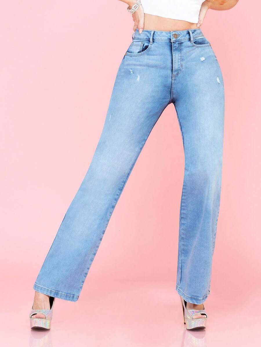 Savi Jeans 2-Tone High-Rise, Wide-Leg Jeans With Front And Back Pockets. - Light Wash - View 1