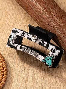 1 Pc Western Cowhide Cowboy Hat Cow Head Turquoise Stone Decor Hair Claw Clip For Women Mid-West Hair Accessories Boho,Claw Clips,Hair Jaw Clip,Hair Clutch