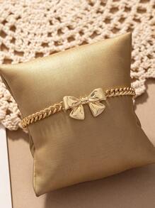 1 Pieza Pulsera De Metal Dulce Con Decoración De Lazo, Suave Y Elegante, Adecuada Para El Uso Diario De Las Mujeres - Amarillo Oro - Ver 5