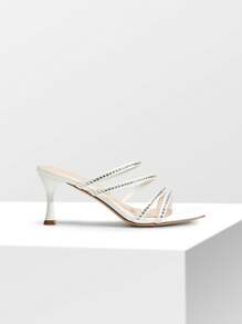 Women Rhinestone Summer Mule Sandals, Square Open Toe Slip On Low Heeled Sandals For Prom, Wedding, Party - đá trắng - Xem 7