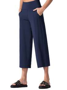 GEMCHO Women' Yoga Ultra Loose Pants With Pockets And Tummy Control High Waist In Flare Crop Spring/Summer - Navy Blue - View 4