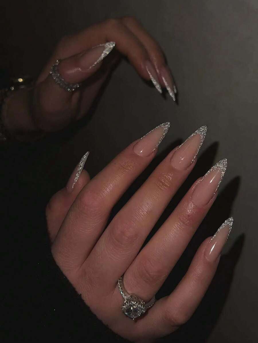 24pcs Almond Shaped False Nail With Silver Glitter French Nail Art Design, Pearl Powder Punk Style, Including False Nails, Jelly Glue And Nail File Long Nails Press On Nails Nail Supplies - Silver - View 1