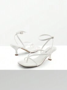 Women Minimalist Low Kitten Heeled Ankle Strap Thong Sandals, Sexy Square Toe Fashion Heeled Sandals - trắng - Xem 5