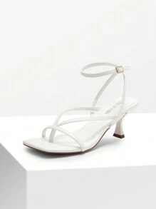 Women Minimalist Low Kitten Heeled Ankle Strap Thong Sandals, Sexy Square Toe Fashion Heeled Sandals - trắng - Xem 3
