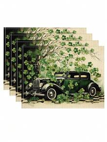 4 件裝耐熱防滑聖派翠克節三葉草/幸運植物印花餐墊,可水洗咖啡杯墊,杯墊,碗墊,適合家庭廚房餐廳裝飾 - 軍綠色 - 查看 6