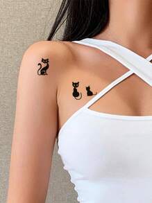 2sheets/Set Waterproof Temporary Tattoo Stickers With Cute Black Cats, Roses, Thorns, Infinity Loops Pattern - Black - View 5