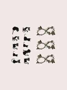 2sheets/Set Waterproof Temporary Tattoo Stickers With Cute Black Cats, Roses, Thorns, Infinity Loops Pattern - Black - View 2