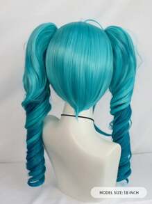 Kurze gerade blaue Bob-Perücke mit Pony und doppelter langer lockiger Pferdeschwanz-Verlängerung aus hitzebeständiger synthetischer Faser, Haarsatz für Anime-Cosplay-Kostüme, Partys, Halloween, blaue Perücke mit abnehmbaren Zöpfen, doppelter lockiger Farbverlauf blauer Pferdeschwanz-Perücke für Frauen