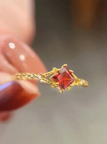 Stylever 1 Miếng Retro Đỏ  Bộ Nhẫn Quý cô Đồ trang sức Đối với phụ nữ S925 Bạc nguyên chất Retro Nhẫn Tốt Đồ trang sức Qủa tặng Dành cho Cô gái Bữa tiệc vũ hội Trang trí - Vàng - Xem 3