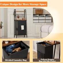 2 Tiers Laundry Hamper With Wooden Shelf And Hooks, Vertical Laundry Basket With Pull-Out And Removable Bag, Clothes Hamper With Divided Bag For Laundry Room, Bathroom, Bedroom, Dorm - Brown - View 6