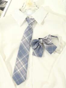 2 件套女士时尚格子条纹 Jk 风格领带领结套装，适合约会、上学和日常穿着圣诞节 - 彩色 - 查看 6