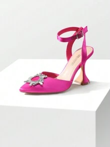 Women's Rhinestone Point Toe Strappy Slingback Pumps High Heels Ankle Strap Wedding Party Dress Shoes - Màu Hồng Tươi - Xem 3