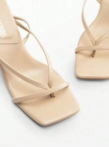 Women Minimalist Low Kitten Heeled Ankle Strap Thong Sandals, Sexy Square Toe Fashion Heeled Sandals - 杏色 - 查看 5