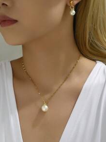 Set de 3 piezas de joyería minimalista y versátil con collar, gargantilla y aretes con perlas falsas para mujer - Multicolor - Ver 13