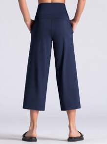 GEMCHO Women' Yoga Ultra Loose Pants With Pockets And Tummy Control High Waist In Flare Crop Spring/Summer - Navy Blue - View 6