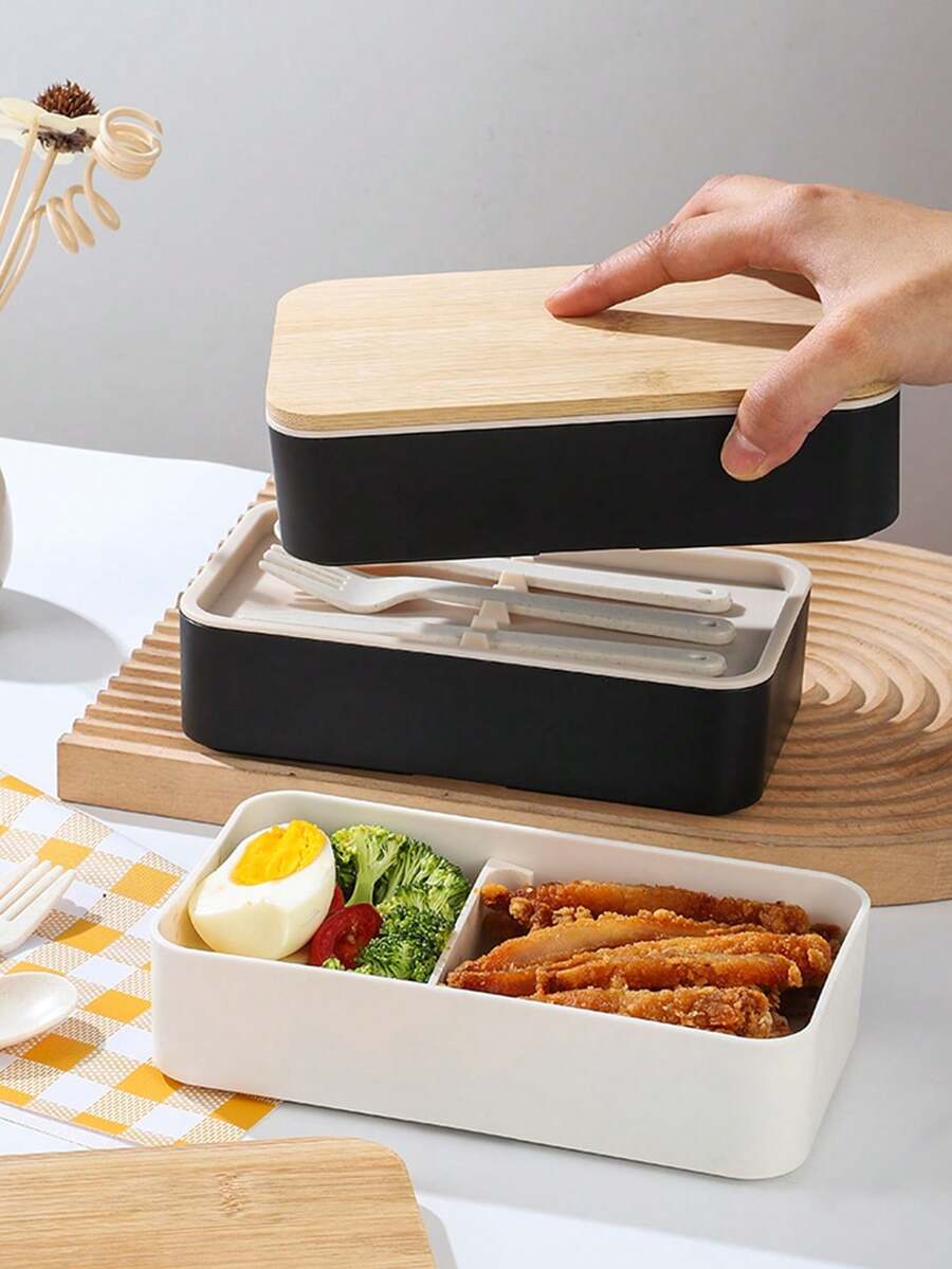 1入組雙層日式竹木便當盒,帶肩帶和餐具,壽司便當盒 - 黑色 - 查看 1