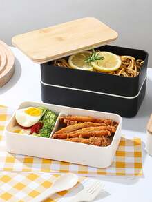 1入組雙層日式竹木便當盒,帶肩帶和餐具,壽司便當盒 - 黑色 - 查看 3