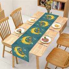 1pc Cartoon Cloud, Star And Moon Printed Table Runner, Imitation Linen Fabric Long Rectangle Indoor/Outdoor Festival Decoration For Dining Table Or Cabinet, Suitable For / Al-Fitr, Living Room Dining Table, Four Seasons Available. - Multicolor - View 4