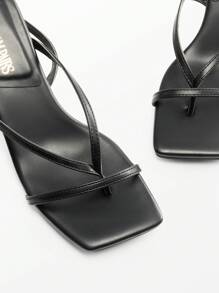Women Minimalist Low Kitten Heeled Ankle Strap Thong Sandals, Sexy Square Toe Fashion Heeled Sandals - màu đen - Xem 5