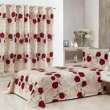Kit Cobre Leito Bella Rosas Solteiro Algodão Sem Enchimento 02 pç + Cortina para Varão - Multicolorido - Visão 1