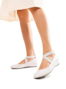 Women's Flats Square Toe Slip-On Ballet Flats Comfortable Dress Elastic Ankle Straps Flats Shoes - 白色/PU - 查看 6