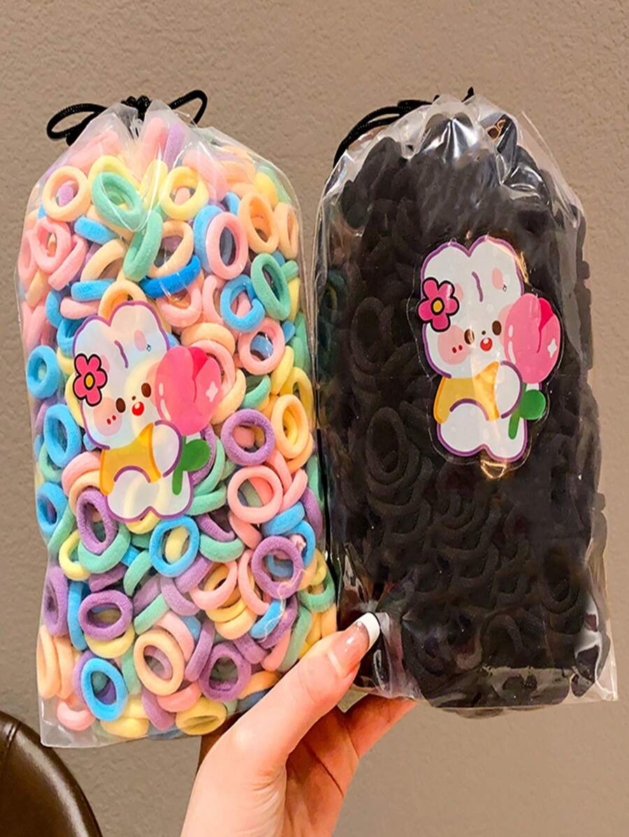 200 个/包混合颜色儿童可爱卡通弹力发带婴儿女孩可爱发圈橡皮筋儿童发饰套装仅展示袋，OPP 袋包装 - 彩色 - 查看 1