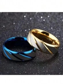 2pcs/Set Golden Yellow And Blue Twill Fashionable Simple Stainless Steel Ring Set Suitable For Men's Daily Decoration - Multicolor - View 1