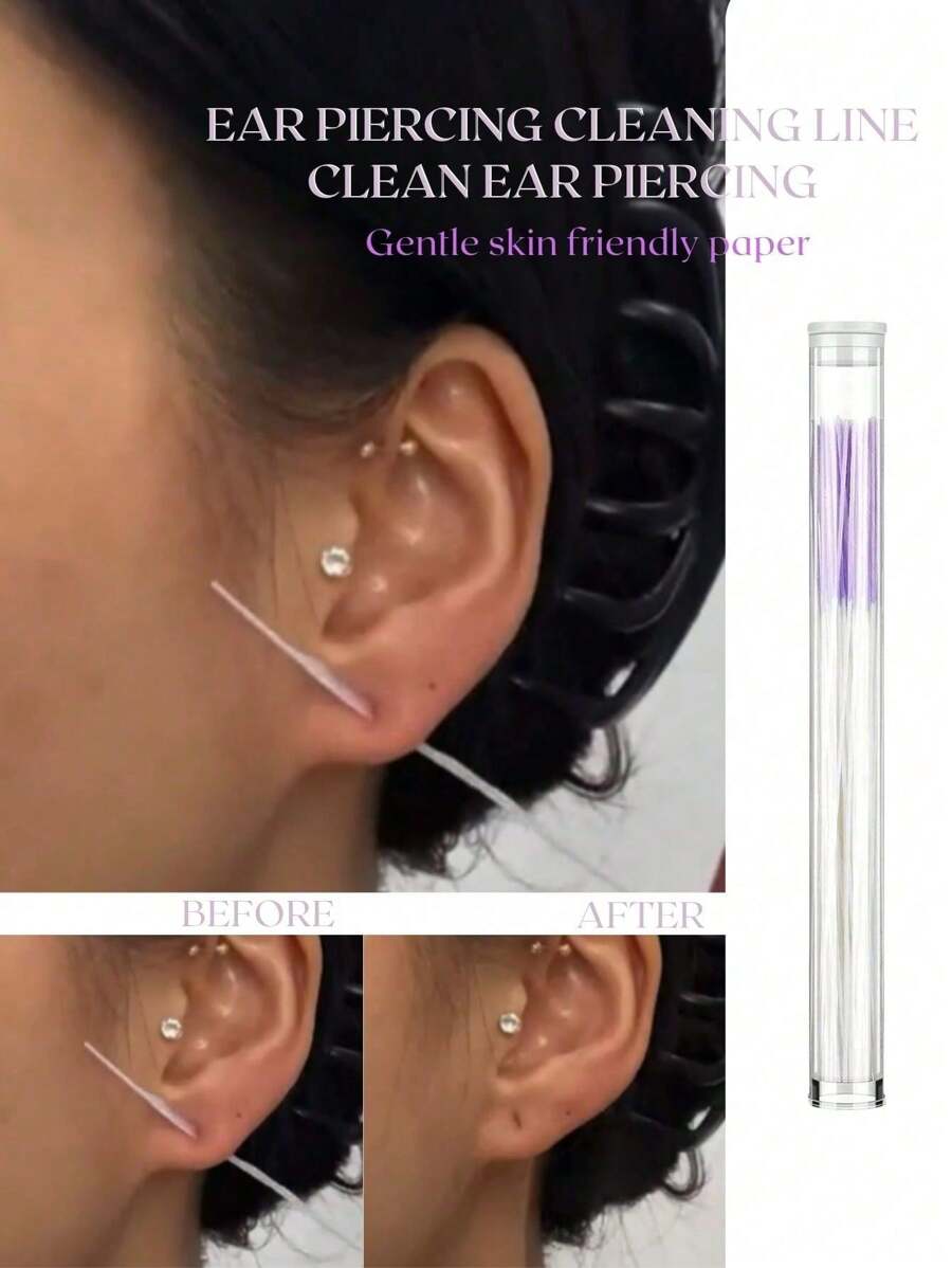 60pcs Ultra-Thin Ear Piercing Cleaning Thread, Ear Care Kit Care,Ear Hole Cleaning Line Ear Piercing Cleaner Thread Ear Hole Cleaning With Storage Bag For Girls Women Men Ear Hole Anti-Block Cleaning(Due To Different Production Batches, The Styles Of The Lid And Dyeing Parts Are Shipped Randomly) - Purple - View 1