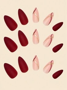 24pcs/Set Burgundy Matte False Nails With Gold Stripe Design Almond Shape With Jelly Gel And Nail File Press On Nails Nail Supplies